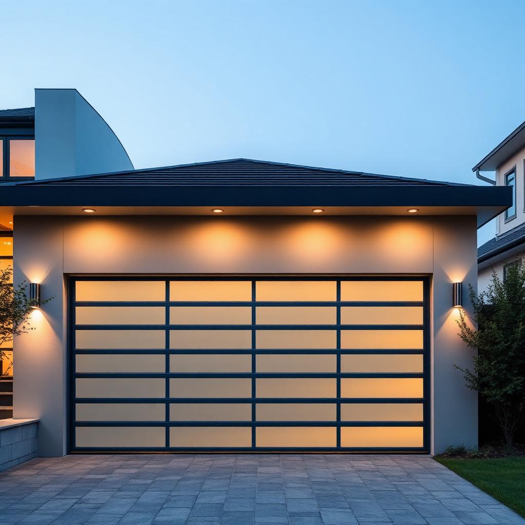 Modern aluminum and glass garage door at dusk